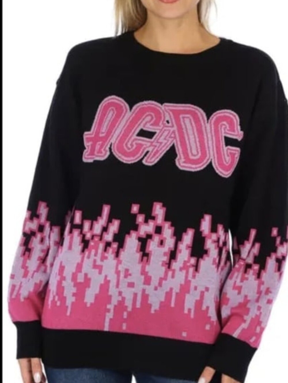 AC/DC Black Sweater with Pink and Light Gray Flame Graphic Size Medium New NWT